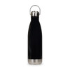 A drink bottle with a hanger lid, featuring a sleek black body and a silver base. Includes a logo.