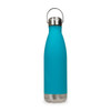 A drink bottle in bright teal with a silver stainless steel base and a metal hanger lid.