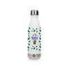 A drink bottle in white with green leaves and a stainless steel bottom, featuring a logo.