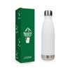 A drink bottle with a sleek white exterior and stainless steel base, displayed next to a green packaging box featuring a logo.