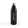 A drink bottle in matte black with a metallic cap and featuring a branding logo.
