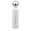 A drink bottle in white with a stainless steel lid and wooden handle, featuring a logo. Ideal for reusable drinkware.