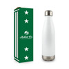A drink bottle made of recycled aluminium, featuring a white body and a stainless steel base, with a branded box.