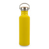 A drink bottle in bright yellow with a metal lid and wooden stopper. It features a logo on the side.