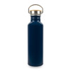 A drink bottle made of recycled aluminium in navy blue, featuring a silver cap and a wooden handle.