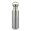 A drink bottle made of recycled aluminium, featuring a silver finish and a wooden cap. It includes a branding logo.