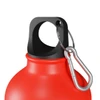 A drink bottle featuring a vibrant red aluminum body and a black top with a carabiner attachment.