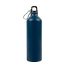 A drink bottle made of aluminium, featuring a dark blue finish and a black cap with a carabiner attachment.