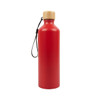 A drink bottle featuring a sleek red aluminum design and a bamboo lid. The bottle includes a convenient carrying strap.