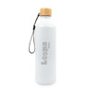 A drink bottle in white with a bamboo lid and a logo. Features a strap for easy carrying.