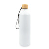 A drink bottle in white with a natural bamboo lid and a black strap. It includes a logo on its surface.