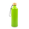 A drink bottle in vibrant green with a bamboo lid and a black strap, featuring a logo.
