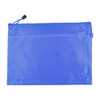 A blue PVC pouch with a drawstring closure and a mesh texture, featuring a branding logo.