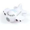 A white airplane-shaped stress reliever featuring a logo on the body.