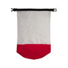 A waterproof bag featuring a white upper section and a red bottom, equipped with a secure closure and a logo.