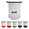 A waterproof bag in white with a logo, featuring colored bottom sections in orange, red, green, blue, and black.