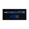 A blue pen and a blue USB drive are placed in a black gift box. The set features a sleek design.