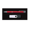 A red pen and a black and white flash drive on a black background, featuring branding on the products.