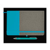 A notebook with a textured gray cover and teal accents, accompanied by a matching teal pen.