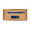 A gift set featuring a blue pen and a USB flash drive, presented in a simple cardboard box.