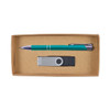 A cardboard gift set containing a pen and a USB flash drive, all housed in a simple brown gift box.