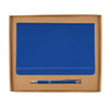 A blue notebook with an elastic band and a matching blue pen, presented in a brown cardboard gift box.