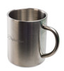 A stainless steel coffee mug with a sleek finish and a handle, featuring the logo "Exploration" on its side.