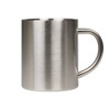 A stainless steel coffee mug with a sleek, brushed finish and a curved handle. Features a logo on the side.