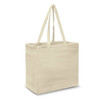 A cream cotton tote bag with two long handles, featuring a simple design and a logo on one side.