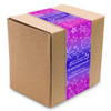 A packaged gift box wrapped with a colourful, starry design featuring a logo.
