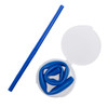 A blue silicone straw is curled inside a round white case, with a straight blue straw resting beside it.