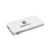 A white wireless power bank with a grey accent and a logo. It features USB ports for charging devices.