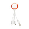 A charging cable with three connectors, featuring a white body and an orange accent, and a branding logo.