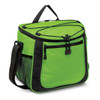 A green cooler bag with black accents, featuring multiple compartments and a shoulder strap. It has a mesh side pocket.
