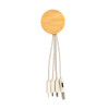 A round bamboo charging cable with multiple connectors and a white cord, featuring a circular bamboo base.