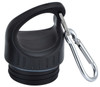 A black drink bottle lid with a handle and a silver carabiner attachment.