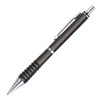 A plastic pen in dark grey with a chrome clip and a ribbed grip. It features a logo on the barrel.