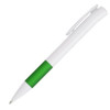A plastic pen featuring a white barrel and a green grip, with a clip for convenience.
