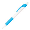 A plastic pen with a blue grip and accents, featuring a white barrel and a clip. It includes a logo.