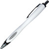 A plastic pen in white with a sleek design and a chrome clip, featuring a logo on its body.