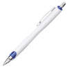 A plastic pen in white with a blue grip and silver accents. It features a clip and a logo.