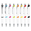 A collection of white plastic pens in various colours with a sleek design and chrome accents. Each pen has a logo.