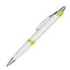 A plastic pen in white with a green accent and a chrome clip, featuring a logo on its side.