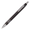 A black plastic pen with chrome accents and a clip, featuring a sleek design and a branding logo.