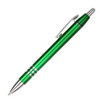 A green plastic pen with chrome accents and a clip for easy attachment. Features a logo on the body.