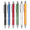 A set of six metal pens featuring black, blue, red, green, white, and orange colours, each with a sleek design and clip.