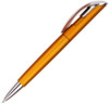 An orange plastic pen with a shiny silver clip and tip, featuring a sleek design.
