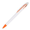 A plastic pen featuring a white body and orange accents, with a clip and a logo.