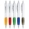 Five plastic pens in various colours—orange, red, green, blue, and grey—featuring a silver barrel and clip.