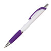 A purple and white plastic pen with a textured grip and a clip. The pen has a shiny silver tip.
